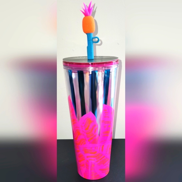 NWT Starbucks Summer Pink Tumbler Pineapple Straw Topper 24oz - Picture 2 of 3